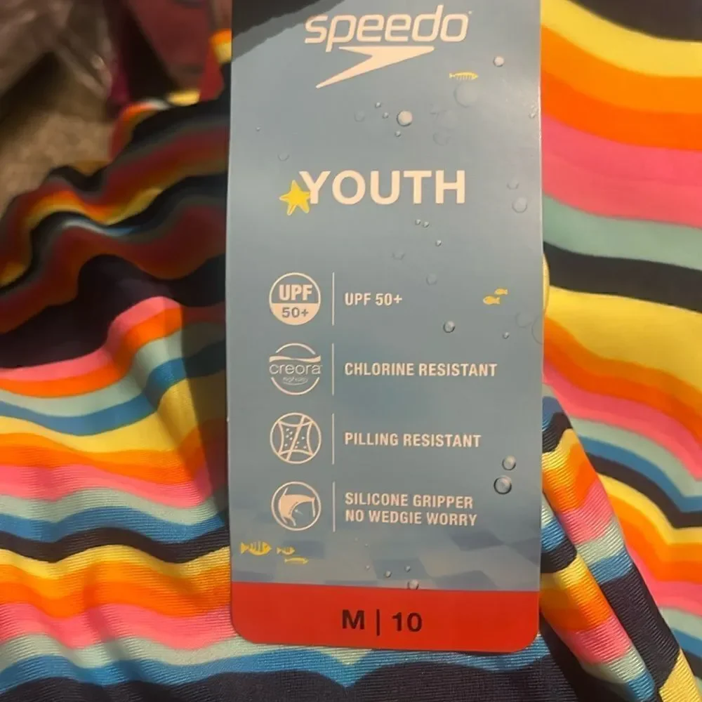 #17 Speedo youth bathing suit blue, orange, pink Medium 10 1 piece NWT Stripes